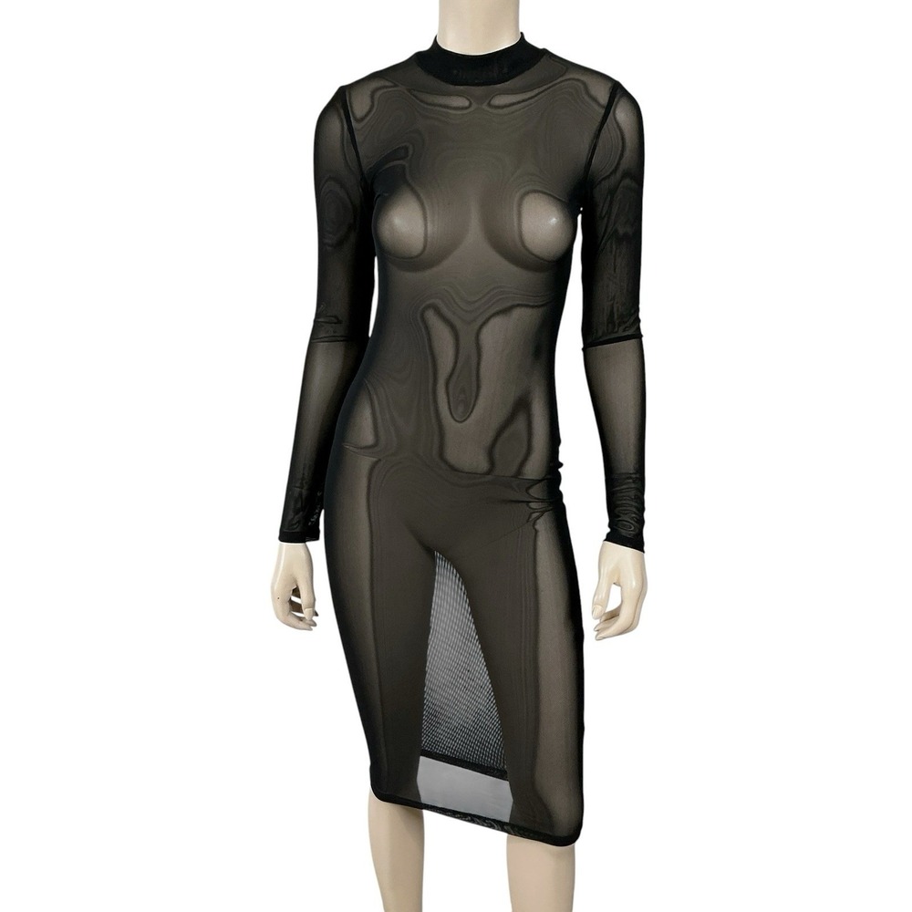 Fashion Nova Dress Women Small Black Long Sleeve Mesh Sheer Stretch Bodycon